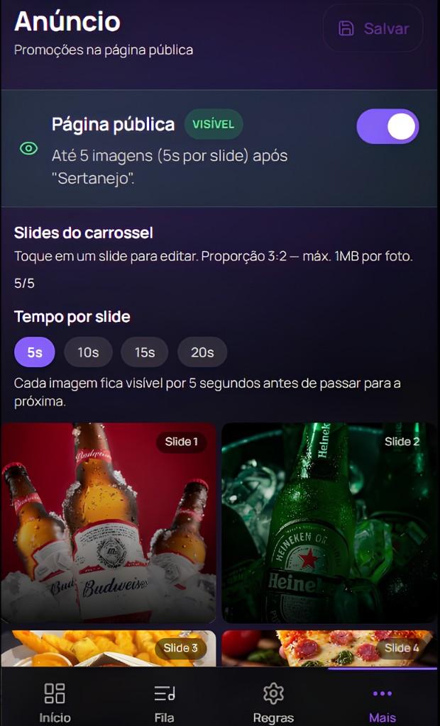Tela de configuração de anúncios do jukeboxs