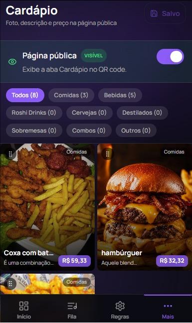 Tela de configuração do cardápio digital do jukeboxs
